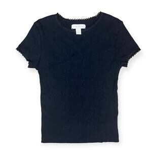 Topshop Black Ribbed Lace Trim Baby Tee Top Minimalist Basic Size 2 XS